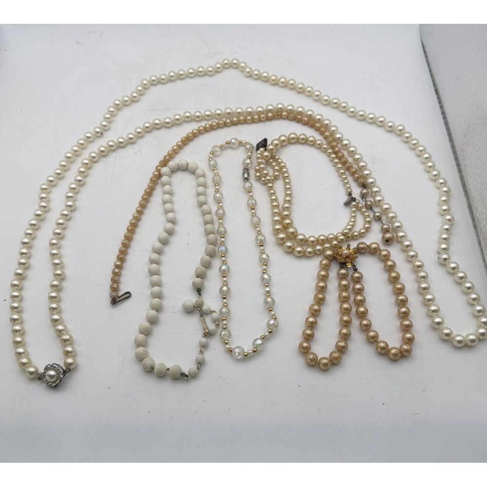 Vintage Pearl Necklace Lot 6 Strands Rhinestone Clasps Estate Jewelry
